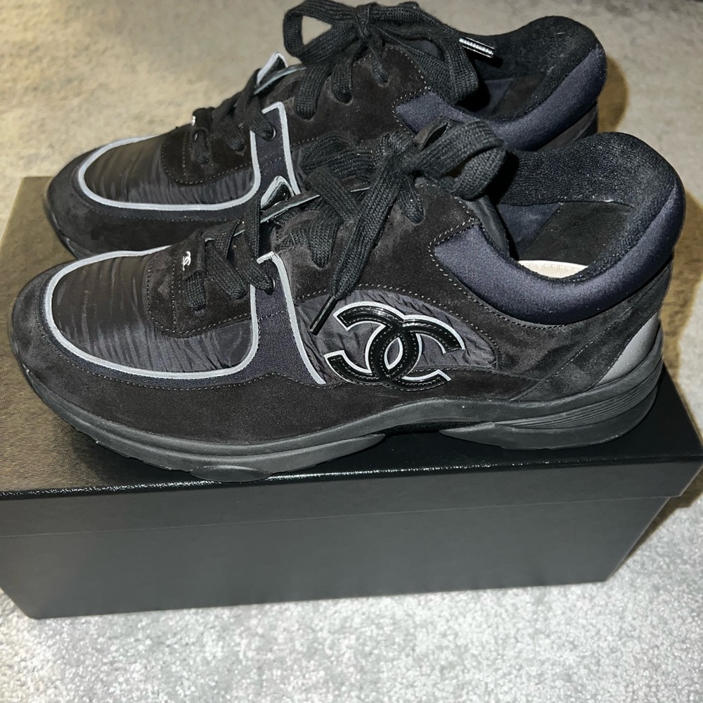 CHANEL Black Suede & Leather CC Logo Sneakers
